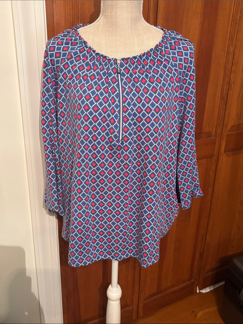 Valerie Steven’s Relaxed Blue & Pink Geometric Peasant Tunic